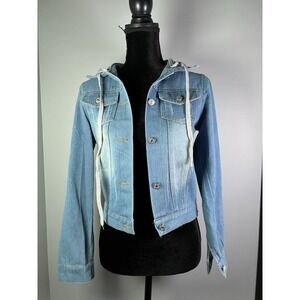 JZNZ Womens Medium Lightwashed Denim Jean Jacket Detachable Hood Distressed Blue